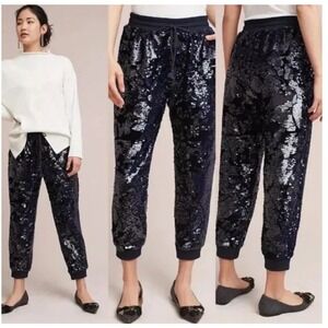 Ettitwa by Anthropologie Navy Blue‎ Sequin Burnout Velvet Jogger Pants Small